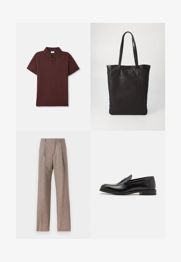 Burgundské polo tričko vyrobené z bavlny, s klasickým límcem, krátkými rukávy a dvoupólovým zapínáním. Hladká textura, minimalistický design.; Hnědé kalhoty s vysokým pasem vyrobené z texturované látky. Mají široké nohavice a dva přední sklady pro strukturu. Úhledné provedení bez viditelné kovových částí.; Černé kožené polobotky s hladkou texturou, zaoblenou špičkou a zdobným páskem přes nárt. Nízký stohovaný podpatek, minimalistický design.; Černá plátěná taška s černými koženými uchy. Jednoduchý design, prostorné tělo a hladký povrch. Žádné viditelné loga ani vzory.