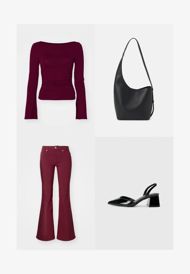 Gina Tricot - Bluzka z długim rękawem; Bordowe dżinsy dzwony o gładkiej fakturze, z pięcioma kieszeniami i guzikiem zapinanym w talii. Charakteryzują się dopasowaną talią oraz szerokimi nogawkami.; Czarne lakierowane półbuty na obcasie z wydłużonym noskiem i geometrycznym słupkiem. Charakteryzują się eleganckim, minimalistycznym designem oraz gładką fakturą.; Czarna skórzana torba hobo o gładkiej fakturze, zaokrąglonym kształcie i pojedynczym, regulowanym pasku; posiada szerokie otwarcie na górze.