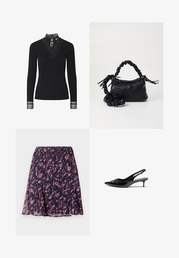 Čierny rebrovaný top s dlhými rukávmi a vysokým čipkovým golierom. Výrazné čipkové akcenty na výstrihu a manžetách pridávajú textúru a detail.; Námornícka sukňa s elastickým pásom, s ružovým a fialovým abstraktným kvetinovým vzorom a mierne rozšíreným lemom.; Čierne kožené slingback podpätky s ostrou špičkou, malým podpatkom a dekoratívnym uzlom vpredu. Hladký povrch po celom obvode.; Čierna umelá kožená kabelka s kroko vzorom, sťahovaným vrchom a zhnutým popruhom. Vyzerá mäkko a kompaktné v dizajne.