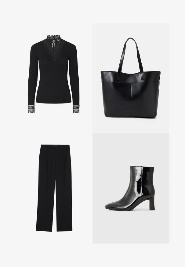 Top preto com nervuras, de mangas longas e gola alta de renda. Destacam-se os detalhes em renda na gola e nos punhos, que acrescentam textura e pormenor.; Calças pretas com um design de perna reta, apresentando dois bolsos frontais e um cós. Feitas de um tecido leve e suave.; Botim de tornozelo em pele sintética preta com bico apontado e salto bloco de altura média. Textura suave e design minimalista.; Bolsa tote preta em couro com duas alças longas, textura suave e forma estruturada. Apresenta um bolso frontal para armazenamento adicional.