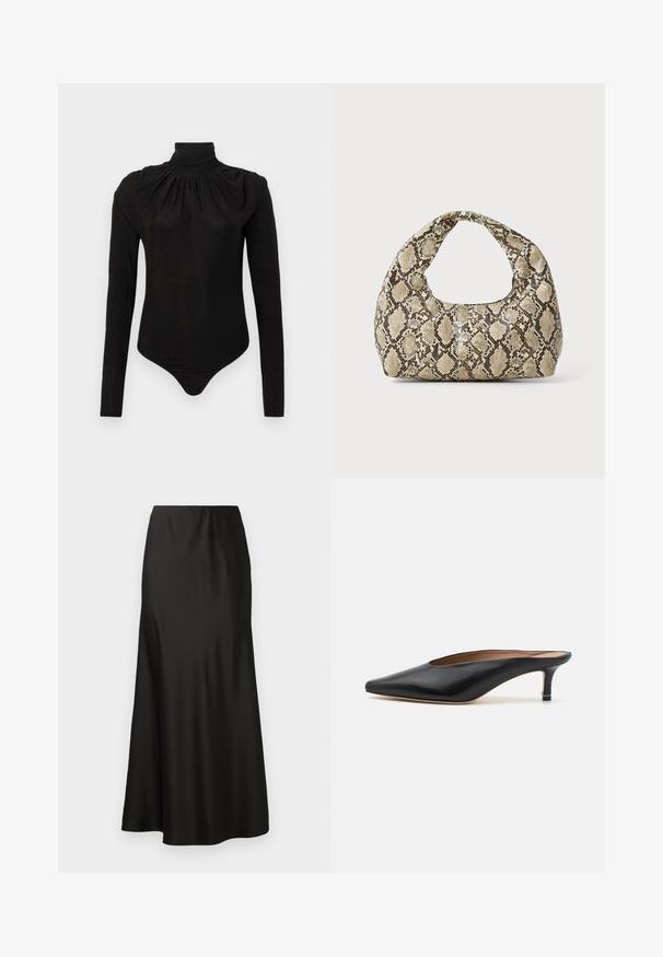 Zwart langärmelig bodysuit met een hoge, geplooide col en een aansluitende silhouet, ontworpen voor vrouwen.; Zwarte satijnen maxi-rok met een gladde textuur, hoge taille en uitlopende onderkant. Heeft een eenvoudig ontwerp zonder zichtbare patronen of hardware.; Zwarte leren muiltjes met een puntige neus en een lage, blokhak. Glad oppervlak met een gestroomlijnd ontwerp. Open achterkant met minimale details.; Slangpatroon handtas met een gebogen handvat. Gemaakt van gestructureerde, beige en bruine materialen, met een kenmerkend ruitpatroon.