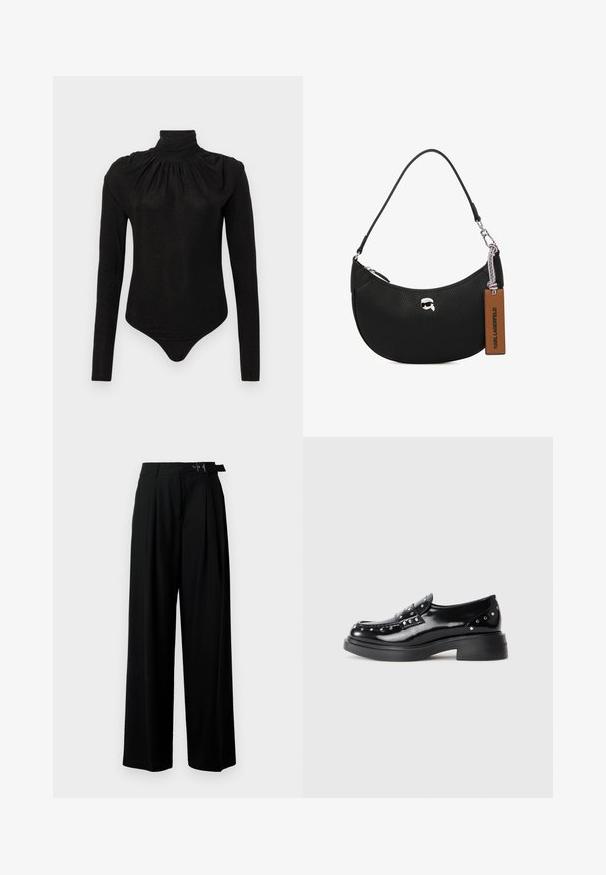 Must pikkade varrukatega bodi, millel on kõrge kogutud kõrge kaelus ja kehakujuline lõige, naistele mõeldud.; Mustad kõrge vöökohaga mustad laiad püksid, millel on ees voldid ja vöö, millel on pandla. Valmistatud siledast ja kergest kangast.; Mustad musta lakknaha loojad dekoratiivsete heelakatega, ümar nina, madal plokknina ja sile läikiv tekstuur.; Musta nahk kott, millel on krobeline tekstuur, kõver kuju, ülemine tõmblukk, hõbedased detailid ja pruun silt. Omab logo aksenti.