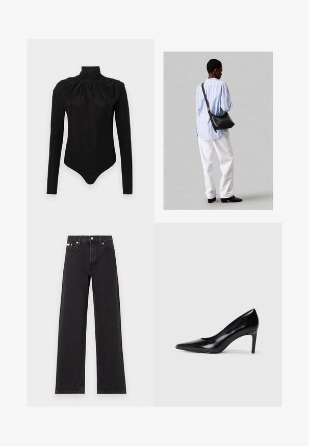 Schwarzer langärmeliger Body mit hohem gerafftem Rollkragen und figurbetonter Silhouette, entworfen für Frauen.; Schwarze weit geschnittene Jeans aus Denim mit einem hoch sitzenden Bund, fünf Taschen und einem Metallknopfverschluss mit kontrastierendem Nähte.; Schwarzer Lederhochschuh mit spitzem Zehenbereich, glatter Textur und schmalem Absatz. Minimalistisches Design, keine zusätzlichen Verzierungen.; Schwarze Leder-Umhängetasche mit weicher Textur, dreieckiger Form und verstellbarem Tragegurt, kombiniert mit einem hellblauen gestreiften Hemd und weißen Hosen.