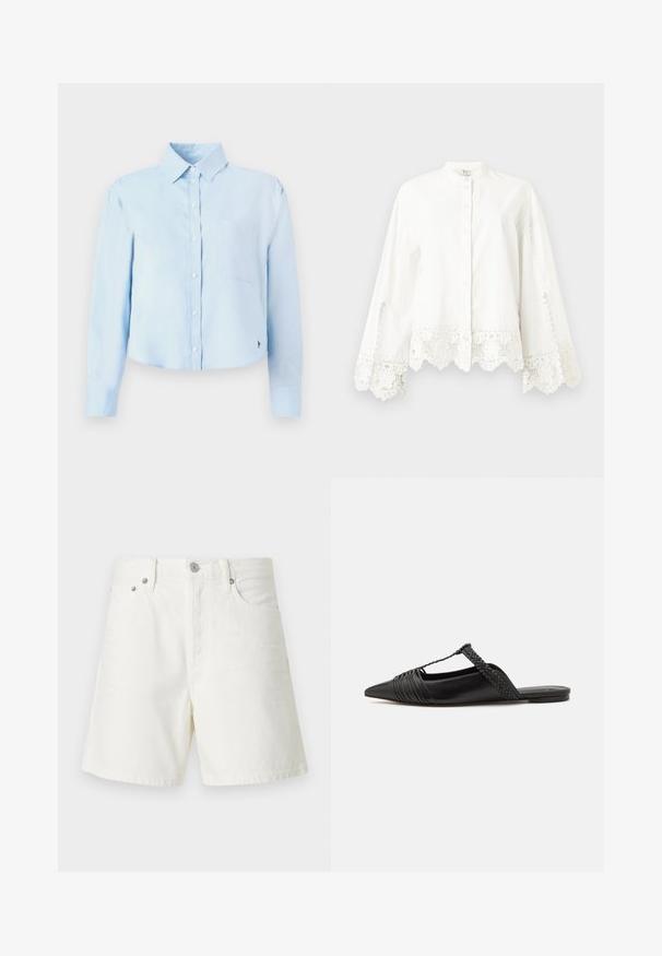 Gaiši zils, garām piedurknēm, īss krekls ar pogu apkakli, vienu krūšu kabatu un diskretu logotipu apakšējā malā. Gluda tekstūra.; Balta, garām piedurknēm, pogājama krekla ar mežģīņu apdari pie piedurknēm un apakšmalas, ar mandarin stila apkakli un smalku dekoratīvu izšuvumu.; Balti denima šorti ar taisnu piegriezumu, piecu kabatu dizainu, priekšējo pogu aizdari, sudraba detaļām un izšūtiem apdarēm.; Melnas ādas slingback kurpes ar norādītu purngali, kurām ir austoša akcenta un krokota augšdaļa. Plakana zole ar minimālu aparatūru.