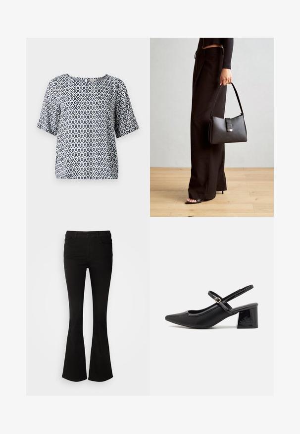 Navy and white patterned short-sleeve top with a round neckline and geometric motifs. Made of lightweight material with a relaxed fit.; Black flared pants made of stretch fabric, featuring a waistband with belt loops and front pockets, smooth texture, and a tailored fit to the knee.; Black patent leather slingback heels with a pointed toe, a rounded cutout design, and a block heel. Features a gold-tone buckle accent.; Black handbag with structured shape, smooth texture, and a metallic clasp. Paired with wide black pants and open-toe sandals on wooden floor.