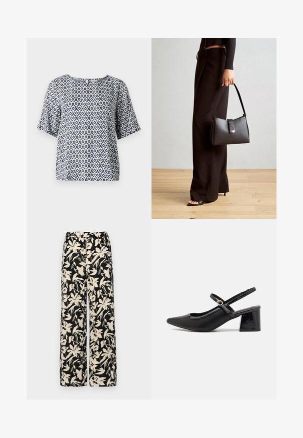 Lyhytnukkeinen t-paita, jossa on tummansinisiä ja valkoisia kuvioita, pyöreä pääntie ja geometrisia motiiveja. Valmistettu kevyestä materiaalista ja rentouttavasta istuvuudesta.; Mustat leveälahkeiset housut, joissa on kermaisen värinen kukkakuosi. Valmistettu kevyestä kankaasta, jossa on sileä pinta ja korkea vyötärö.; Musta lakattu nahka slingback-korkokengät, joissa on terävä kärki, pyöreä aukko-muotoilu ja lohkokorko. Varustettu kultasävyisellä solkiyksityiskohdalla.; Musta käsilaukku, jossa on rakenteellinen muoto, sileä pinta ja metallinen solki. Yhdistetty leveisiin mustiin housuihin ja avonaiheisiin sandaaleihin puulattialla.