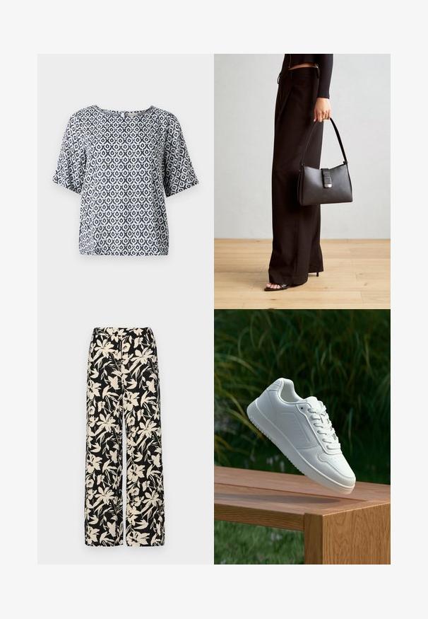 Jūrinės ir baltos spalvų raštuota trumpomis rankovėmis palaidinė su apvalia iškirpte ir geometriniais motyvais. Pagaminta iš lengvos medžiagos, turi laisvą kirpimą.; Juodos plačios kojos kelnės su grietinėlės spalvos gėlių raštu. Pagamintos iš lengvos medžiagos, pasižyminčios lygiapass viršutine tekstūra ir aukštu liemeniu.; Balti sneakeriai su lygia sintetine viršutine dalimi, perforuota pirštų zona, plokščiomis raištelėmis ir tekstūruotu padu, padėti ant medinės paviršiaus.; Juodas rankinė struktūrizuota forma, lygi tekstūra ir metalinis užsegimas. Suporuota su plačiomis juodomis kelnėmis ir atvirais bateliais ant medinių grindų.