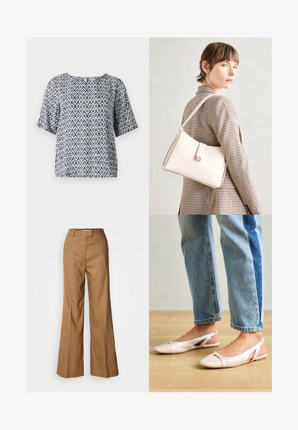 Marineblå og hvit mønstret kortermet topp med rund hals og geometriske motiver. Laget av lett materiale med en avslappet passform.; Brune vide benbukser laget av lett materiale. Har flat front, beltehemper og en skreddersydd silhuett med ankel-lengde.; Lys rosa slingback leiligheter med spiss tå, laget av et glatt, læraktig materiale. Har utskjæringer på sidene og lav hæl.; Hvit lær veske med en strukturert design, med magnetlås og skulderstropp, vist mot en nøytral bakgrunn.