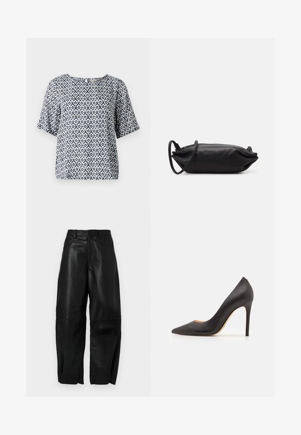 Navy and white patterned short-sleeve top with a round neckline and geometric motifs. Made of lightweight material with a relaxed fit.; Black leather pants with a loose fit, featuring a straight leg design, front pockets, and visible stitching details.; Black leather high-heeled pump with a pointed toe and smooth texture, featuring a slender heel and minimalistic design.; Black leather clutch bag with a rectangular shape, smooth texture, thin shoulder strap, and minimalistic design.