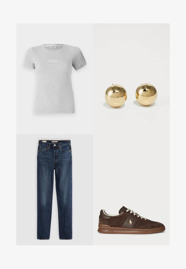 Grå kortærmet T-shirt lavet af ribbet stof, med en tætsiddende design og et lille hvidt logo på brystet.; Mørkeblå lige ben jeans med fem lommer, knap- og lynlås lukning samt kontrastsyninger.; Brune ruskinds sneakers med teksturerede paneler, hvide snørebånd og et guld logo. Har en gummisål og en polstret krave for komfort.; Guld kegleformede ørestikker med en poleret finish og lille stift. Har en glat tekstur og reflekterende overflade.