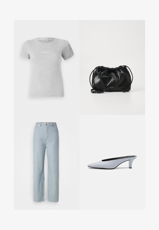T-shirt cinza de mangas curtas, feito de tecido canelado, com um design ajustado e um pequeno logótipo branco no peito.; Calças de ganga azul-claro de perna reta. Apresentam cinco bolsos, fecho com botão metálico e um leve efeito de desgaste para adicionar textura.; Mule de pele patente azul claro com bico alongado, salto baixo transparente e um design elegante com um recorte no vamp.; Bolsa de mão em couro preto com design franzido, fecho de cordão duplo e alça de ombro destacável. Apresenta detalhe em logo metálico.