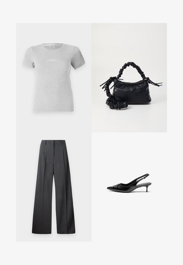 Gray short-sleeve T-shirt made from ribbed fabric, featuring a fitted design and a small white logo on the chest.; Wide-leg trousers in dark gray fabric, featuring a high waist, single pleats, and a smooth texture with a clean finish at the hems.; Black leather slingback heels with a pointed toe, small kitten heel, and a decorative knot detail on the front. Smooth texture throughout.; Black faux leather handbag with a crocodile texture, cinched top, and a scrunched strap. Appears soft and compact in design.