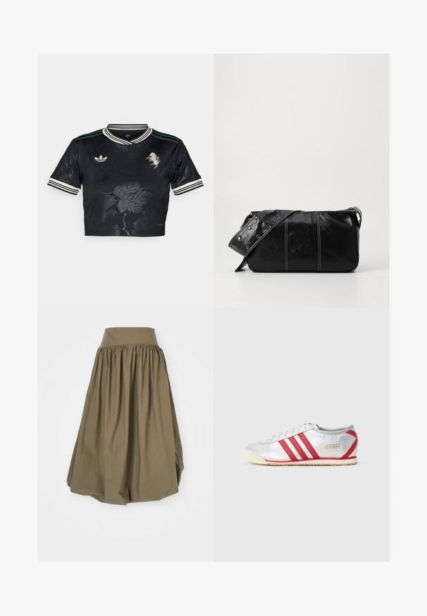 Zwarte cropped jersey met bloemen reliëfdesign, drie strepen op de mouwen, geborduurd logo en contrasterende groene en witte kraag.; Olijfgroen, knielange rok, gemaakt van katoen, met een geplooid tailleband en een vol, vloeiend ontwerp met een gladde textuur.; Adidas sneakers met een zilveren synthetisch bovenwerk, drie rode strepen, een beige zool en een gouden logo aan de zijkant, met een laag profiel ontwerp.; Zwarte leren schoudertas met een ritsluiting, voorzien van een gestructureerd lichaam, witte stiksels en een band met zilveren oogjes.