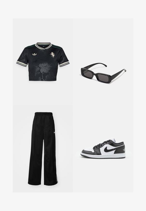 Czarny krótki t-shirt z wzorem w kwiaty, trzy paski na rękawach, wyhaftowane logo oraz kontrastowy zielony i biały kołnierzyk.; Czarne szerokie spodnie dresowe z elastycznym pasem, z białymi paskami po bokach i małym logo na lewym biodrze. Gładka tekstura materiału.; Czarno-białe niskie sneakersy Nike mają górną część wykonaną z gładkiej skóry, okrągły czubek, związane zapięcie oraz wzorzystą gumową podeszwę.; Czarne prostokątne okulary przeciwsłoneczne z ciemnymi szkłami, błyszczącym wykończeniem, szerokimi zausznikami i masywną konstrukcją. Wygrawerowana nazwa marki na jednym z zauszników.