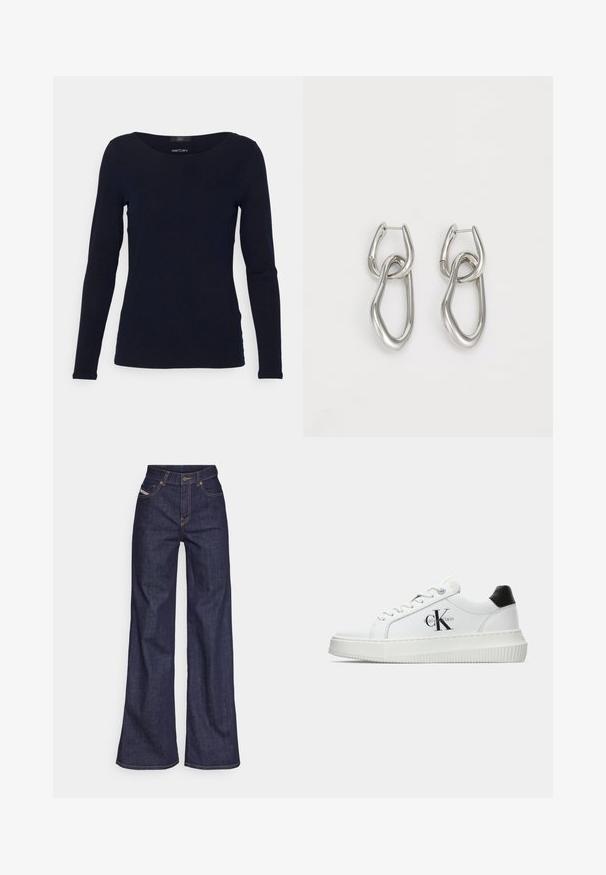 Toppia navy pitkähihaisella, jossa on leveä pyöreä pääntie. Valmistettu sileästä kankaasta, siinä on tiukka malli ja minimaalinen muotoilu ilman koristeita.; Tummansiniset leveälahkeiset farkut denimmateriaalista, joissa on korkea vyötärö. Niissä on oranssit tikkaus, viisi taskua ja napitus.; Valkoiset matalat tennarit, joissa on musta kantapää, alustasolki, nauhat ja Calvin Kleinin "CK" logo sivuilla.; Calvin Klein STATEMENT LINKS - Korvakorut - silver-coloured