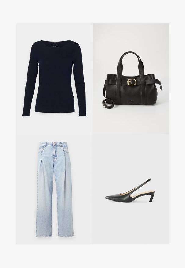 Granatowa bluzka z długim rękawem o szerokim, okrągłym dekolcie. Wykonana z gładkiego materiału, ma dopasowany krój i minimalistyczny design bez ozdób.; Jasnoniebieskie dżinsy z wysokim stanem, szerokimi nogawkami, dwoma bocznymi kieszeniami oraz plisowanym wzorem. Miękka tekstura z wyblakłym wykończeniem.; Czarny but na obcasie typu slingback z ostro zakończonym noskiem, z niskim obcasem, wykonany z gładkiej skóry, z wycięciem po boku dla lepszej wentylacji.; Czarna skórzana torebka o zorganizowanej konstrukcji, z podwójnymi uchwytami u góry, akcentem w postaci złotego zapięcia oraz wytłoczonym logo marki z przodu.