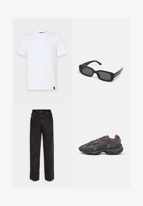 Valkoinen lyhythihainen t-paita, joka on valmistettu puuvillasta. Paita on klassisella pyöreällä kaula-aukolla, suoralinjaisella leikkauksella ja siinä on pieni logo-ompelu helmassa.; Mustat denim pitkät housut, joissa on korkea vyötärö, etupainike, kaksi sivutaskua ja hienovaraiset ompeluyksityiskohdat.; Lacoste-tennar i mörkgrått med nät- och syntetmaterial, med en texturerad sula och bruna accenter på kragen och märket.; Mustat suorakulmaiset aurinkolasit tummilla linsseillä, sileät muovipuitteet ja leveät sangat. Hienovarainen brändäys sivussa.