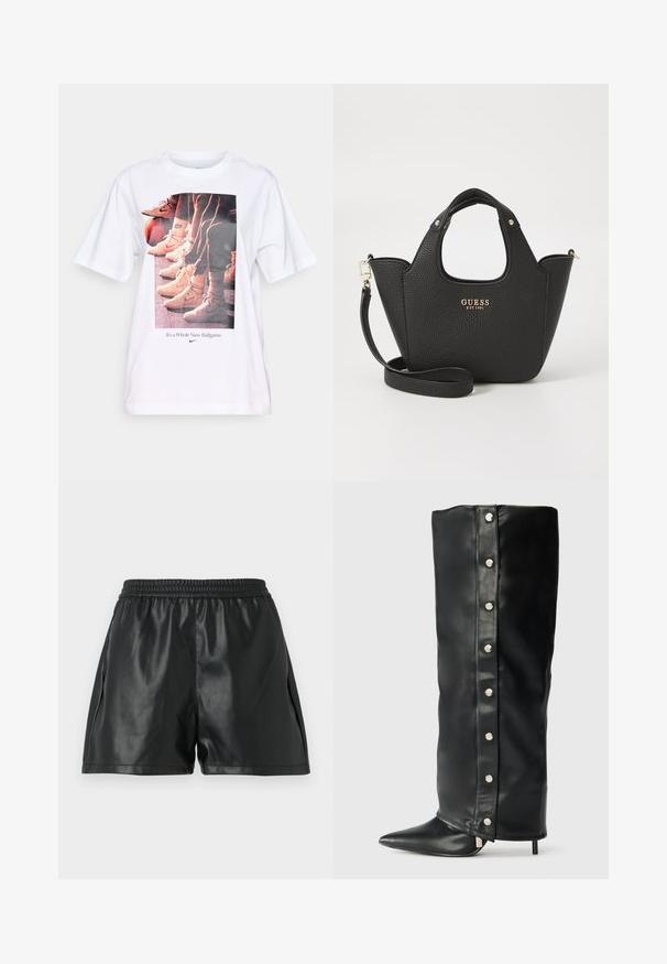 Valkoinen t-paita, jossa on graafinen printti koripallokengistä ja teksti "It's a Whole New Ballgame" sinisellä. Pyöreä kaula-aukko, lyhyet hihat.; Pitkähiha valkoinen puuvillasointi, jossa on nappislåni etupuolella, klassinen kaulus ja pyöristetyt helmati, rento istuvuus ja ilman kuvioita.; Mustat tekonahkashortsit, joissa on joustava vyötärö, sileäpintainen rakenne ja löysä istuvuus. Ei näkyviä kuvioita tai koristeita.; Mustat nahkasaappaat, joissa on korkea korko, tiukka muotoilu, teräväkkäinen varvas ja hopeiset nappikiinnitykset sivuilla.; Musta teksturoitu käsilaukku lyhyillä kahvoilla ja irrotettavalla olkahihnalla. Koristeena kultainen logo. Kompakti, rakenteellinen muoto.