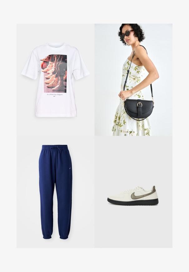 T-shirt branca com uma estampagem gráfica de sapatilhas de basquetebol e o texto "É um Jogo Totalmente Novo" em azul, com decote redondo e mangas curtas.; Calças de fato de treino azul marinho feitas de um tecido suave, com uma cintura elástica com cordão, punhos elásticos e um pequeno logótipo branco.; Nike Sportswear FIELD GENERAL - Sapatilhas - off-white/black; Bolsa de couro preta com forma curva, alça destacável e detalhes em dourado. A bolsa possui uma aba com detalhe de fivela.