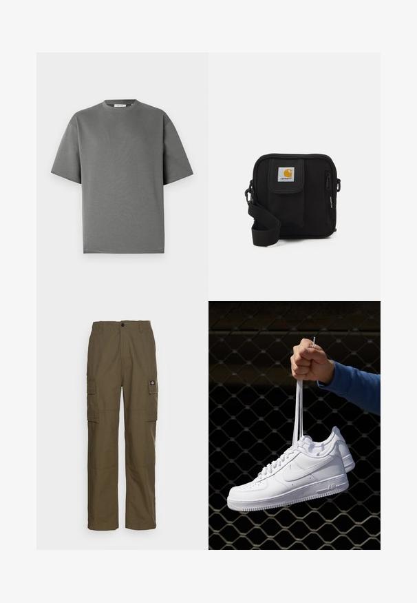 Camiseta cinza de manga curta, feita de algodão macio, com decote redondo e um corte solto, apresentando detalhes de costura mínimos.; Calças cargo em verde oliva, feitas de um tecido resistente. Apresentam dois bolsos laterais, uma cintura padrão e um corte de perna reta.; Sapatilhas de couro branco com perfurações, biqueira redonda, sola plana e atacadores grossos, apresentando um logotipo swoosh visível e "AIR" no calcanhar.; Bolsa transversal preta com um compartimento principal com fecho éclair, bolso frontal, alça ajustável e um logotipo visível na aba.