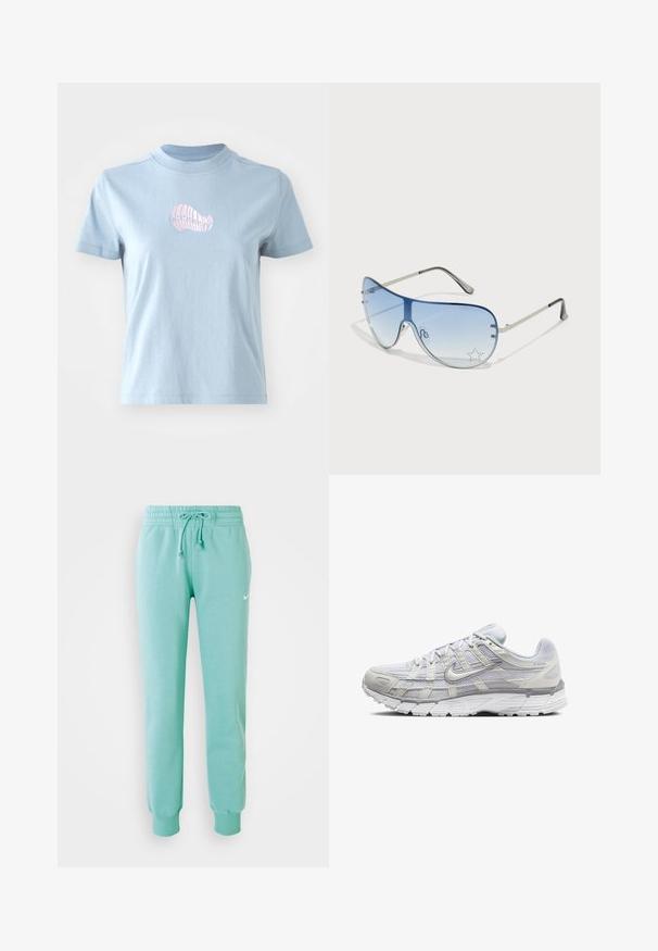 Gaiši zila kokvilnas T-kreklus ar īsām piedurknēm un augstu apkakli, kas priekšpusē ir ar nelielu rozā izšūtu čaulu dizainu.; Mētru zaļi sporta bikses ar elastīgu jostu, auklu un ribotām piedurknēm. Uz kreisā augšstilba ir neliels balts Nike logo.; Gai pelēki sporta apavi ar sietiņa un sintētisku augšdaļu, ar auklām, mīkstu apkakli un strukturētu zoli saķerei.; Pilotstila saulesbrilles ar gradienta zilām lēcām, sudraba metāla rāmjiem un dekoratīvām zvaigžņu akcentiem uz lēcām. Gluda un eleganta dizaina.