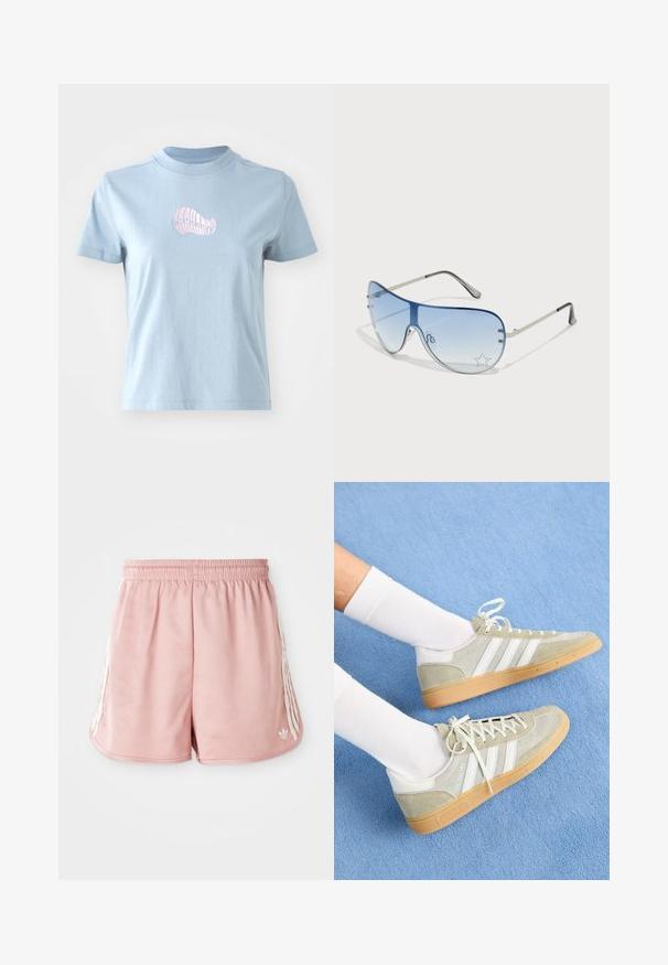 Světle modré bavlněné tričko s krátkým rukávem a vysokým výstřihem, na přední straně s malým růžovým vyšitým designem mušle.; Růžové sportovní šortky s elastickým pasem, bočními bílými pruhy a malým logem na levém dolním předním dílu. Hladký povrch tkaniny.; Světlé šedé semišové tenisky s bílými gumovými detaily, se třemi bílými pruhy a gumovou podrážkou, obuté s bílými ponožkami na modrém pozadí.; Pilotské sluneční brýle s modrými gradientními skly, stříbrným kovovým rámem a dekorativními hvězdnými akcenty na sklech. Hladký a elegantní design.