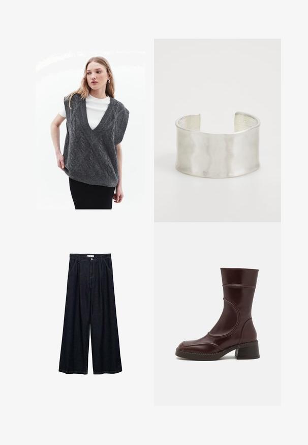 Grau gestrickte Weste mit V-Ausschnitt, die ein Zopfstrickmuster und kurze Ärmel aufweist, über einem weißen Hemd getragen, vor einem hellen Hintergrund.; Dunkelblaue, weite High-Waist-Hosen aus Denim mit einem Knopfverschluss vorne, zwei Seitentaschen und Nähdetails.; MIISTA MALENE - Stiefelette - brown; Zign Armband - silver-coloured