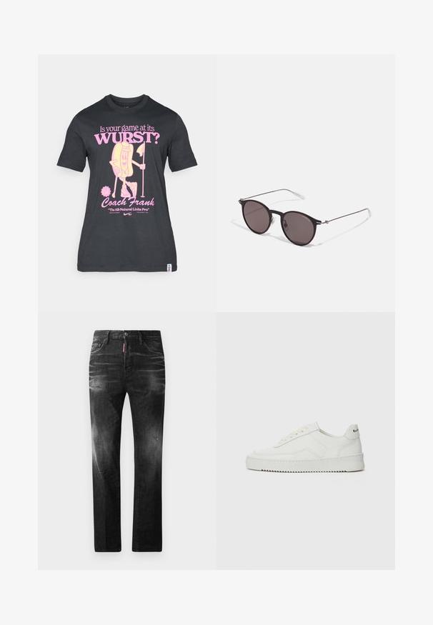 Juodas medvilnės marškinėliai su žaisminga rožine karšto šunelio grafika ir tekstu apie golfo žaidimą bei trenerį Franką. Trumpomis rankovėmis ir apvalia iškirpte.; Juodi džinsai su tiesiu kirpimu. Spalvoti svyrantys plotai, šiek tiek sugadinti, klasikinis penkių kišenių dizainas ir mygtuko uždarymas.; Balti odiniai sportiniai bateliai su lygia apdaila, apvaliu pirštu, plokščiais raišteliais ir tekstūruotu padu. Pasižymi subtiliu logotipu ant kulno.; Juodos apvalios saulės akinių su tamsiais lęšiais ir plonomis metalinėmis šakomis. Įtraukti skaidrūs šventyklų galai ir sidabriniai akcentai vyrio srityje. Minimalistinis dizainas.