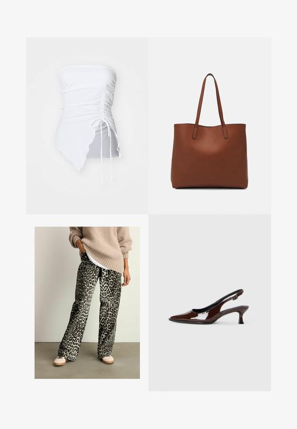 Top bianco senza spalline con texture arricciata, orlo asimmetrico e dettaglio con cordoncino regolabile sul lato. Tessuto liscio ed elasticizzato.; Pantaloni a gamba larga con stampa leopardata, realizzati in un tessuto morbido, con una vita elastica e una combinazione di colori nero e beige. Abbinati a un maglione beige.; Scarpa slingback in pelle verniciata marrone con punta affusolata e tacco moderato. Presenta una fascia con fibbia per una calzata sicura. Tessuto liscio.; Borsa tote in pelle marrone con texture liscia, design con apertura superiore e due spallacci. Presenta cuciture minime e nessun hardware visibile.