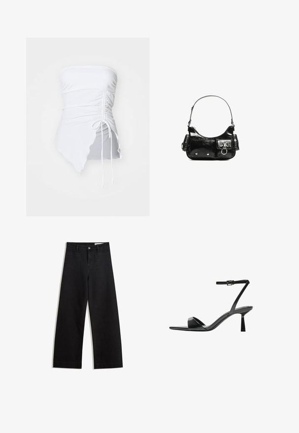 Fehér pánt nélküli felső, gyűrt textúrával, aszimmetrikus alsó résszel és állítható zsinóros részlettel az oldalon. Simulékony, rugalmas anyag.; Fekete, bő szabású farmernadrág magas derékkal, elülső és hátsó zsebekkel, varrott felületekkel és gombos záródással. Sima textúra.; Bershka Magas sarkú szandálok - black; Fekete lakkbőr kézitáska ívelt formával, egy vállpánttal, elülső zsebekkel és ezüstszínű fémrészletekkel.