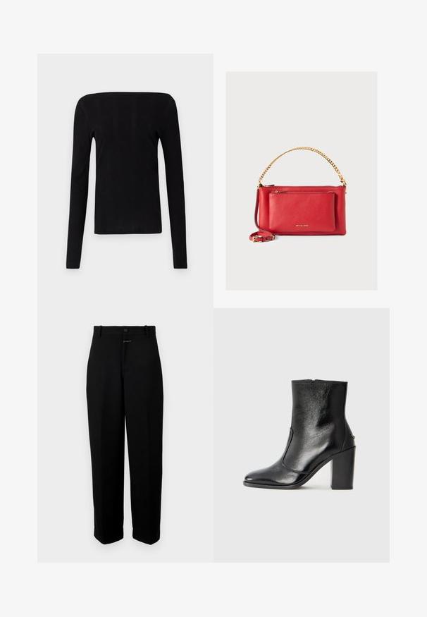Crna majica dugih rukava s ravnim dekolteom i rebrastom teksturom, koja ima prilagođeni kroj i bez vidljivih hardverskih elemenata ili ukrasa.; Crne hlače od glatkog materijala, s kopčanjem na gumb, petljama za remen i dizajnom ravnog kroja.; Crna kožna čizma do gležnjeva s glatkom teksturom, špicastim vrhom i debelim visokim potpeticama. Ima bočni otvor i minimalistički dizajn.; Crvena kožna torba s teksturiranom površinom, zlatnom lancem i remenom, prednjim džepom na zatvarač i utisnutim logom. Kompaktni i strukturirani dizajn.