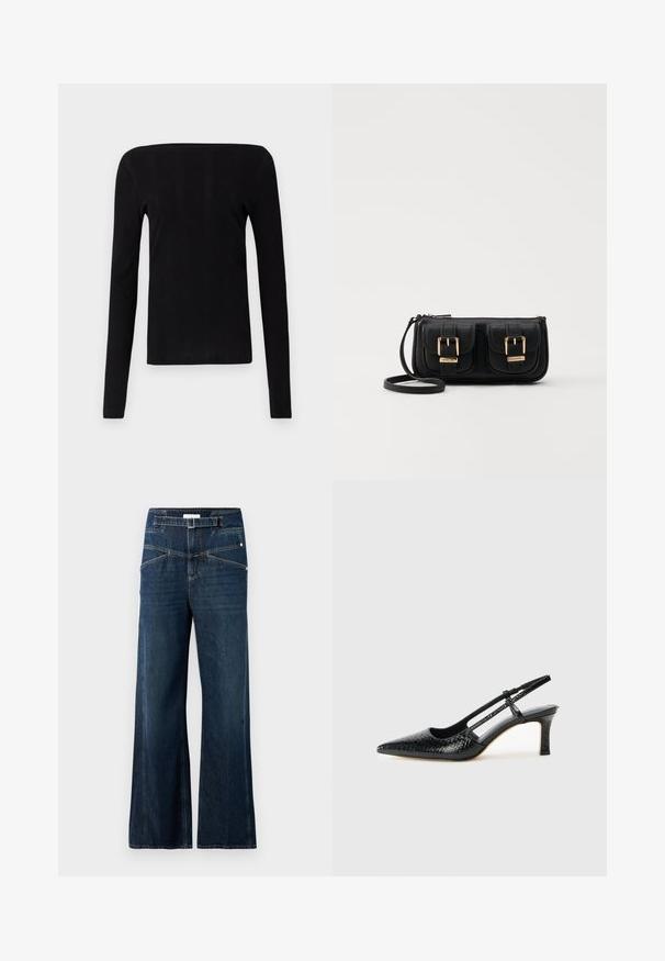 Crna majica dugih rukava s ravnim dekolteom i rebrastom teksturom, koja ima prilagođeni kroj i bez vidljivih hardverskih elemenata ili ukrasa.; Široke traperice od tamnoplave denima, s visokim strukom, dva prednja džepa i kontrastnim šavovima.; Crne lakirane slingback pete s oštrim vrhom, s teksturiranim uzorkom zmijske kože, podesivom remenom i kratkom, teksturiranom blok-petom.; Crna kožna torba preko ramena s dva prednja džepa, zlatnim kopčama, zatvaranjem na zip i uskim remenom. Teksturirana površina i kompaktan pravokutan oblik.