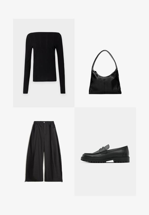 Schwarzes langärmliges Oberteil mit geradem Ausschnitt und geripptem Material, das eine figurbetonte Silhouette hat und keine sichtbaren Beschläge oder Verzierungen aufweist.; Schwarze weite Hosen mit hoher Taille, ausgestattet mit Falten, einem Knopfverschluss vorne und zwei seitlichen Taschen. Hergestellt aus einem Stoff mit strukturiertem Finish.; Schwarze Lederloafer mit runder Zehenform, ausgestattet mit einem gesteppten Design, niedrigem Plattformsohle und einer strukturierten, genoppten Gummisohle.; Schwarze Leder-Umhängetasche mit glatter Textur, geschwungenem oberen Rand und einem einzigen Tragegurt. Sie verfügt über einen Reißverschluss und ein minimalistisches Design.