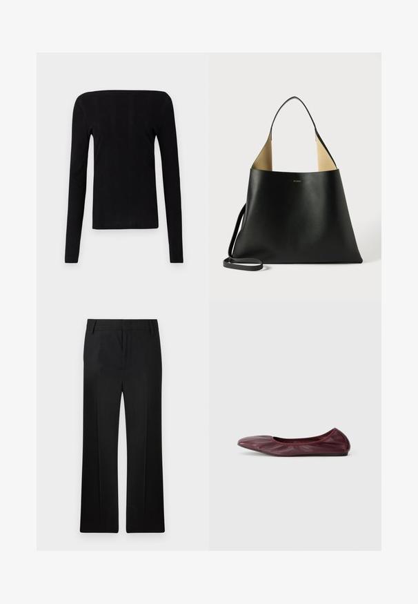 Črni dolg rokav z ravnim izrezom in rebrasto teksturo, z oprijetim silhueto in brez vidne opreme ali dodatkov.; Črne hlače, ravnega kroja, izdelane iz gladkega materiala. Imajo diskretne sprednje gube in raven pas z zankami za pas.; Balerinke v temno burgundski usnjeni barvi, z zaobljenim nosom, elastičnim robom in gladko teksturo z diskretnimi gubami.; Črna usnjena torba s prostornim, angularnim dizajnom. Ima kontrastno rjavo notranjost in tanek narame na. Minimalistična blagovna znamka je prikazana.
