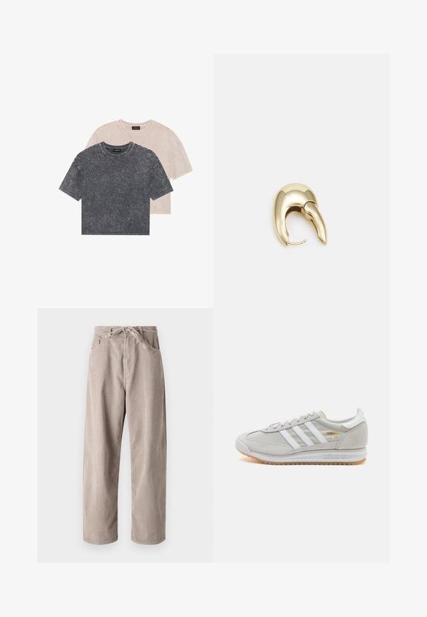 Divi īsām piedurknēm, apaļo kakla izgriezumu T-krekli izbalējušā melnā un gaiši bežā krāsā. Mīksts, teksturēts audums ar brīvu piegriezumu un redzamām šuvju detaļām.; Bežīgas korduroja bikses ar brīvu piegriezumu, ar saistāmām jostām, divām priekšējām kabatām un vertikālu ribotu tekstūru.; Gaišpelēka kedas, izgatavotas no zamša un sieta, ar trim baltām svītrām, apaļu purngalu un gumijas zoli. Zelta logo akcenta detaļa blakus auklām.; Zeltīti metāla auskari ar gludu, izliekta dizaina. Ar atšķirīgu smailu formu, pulētu virsmu un eņģu aizdari.