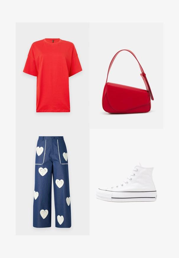 Czerwona bawełniana koszulka z okrągłym dekoltem i krótkimi rękawami. Projekt cechuje luźny, oversize'owy krój oraz gładka, teksturowana powierzchnia.; Sister Jane HEART TO HEART niebieski denim; Białe wysokie trampki z płótna z czarną gumową podeszwą, przednim czubkiem z gumy i sześcioma dziurkami na sznurowadła, charakteryzujące się prostym, minimalistycznym designem.; Czerwona skórzana torebka o kanciastym, geometrycznym designie. Posiada jedną regulowaną rączkę oraz zapięcie na klapę z przeszyciami.