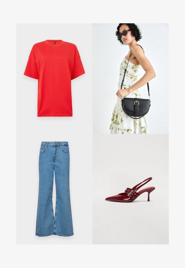 Sarkans kokvilnas T-krekls ar apaļu kakla izgriezumu un īsām piedurknēm. Dizains izceļas ar brīvu, pārāk lielu piegriezumu un gludu, teksturētu virsmu.; Gaiši zili, platā piegriezuma džinsi, kas izgatavoti no denima, ar augstu jostasvietu, piecām kabatām un vienu pogu. Mīksta tekstūra ar nolietotu apdari.; Sarkana lakota ādas kurpju kurpes ar atvērtu papēdi, norādītu purngalu, divām sprādzēm un slaidu, vidēja augstuma stiletu papēdi. Gluda tekstūra.; Melnas ādas rokassoma ar izliekta formu, noņemamu siksnu un zelta aksesuāriem. Somai ir vāciņš ar sprādzes detaļu.