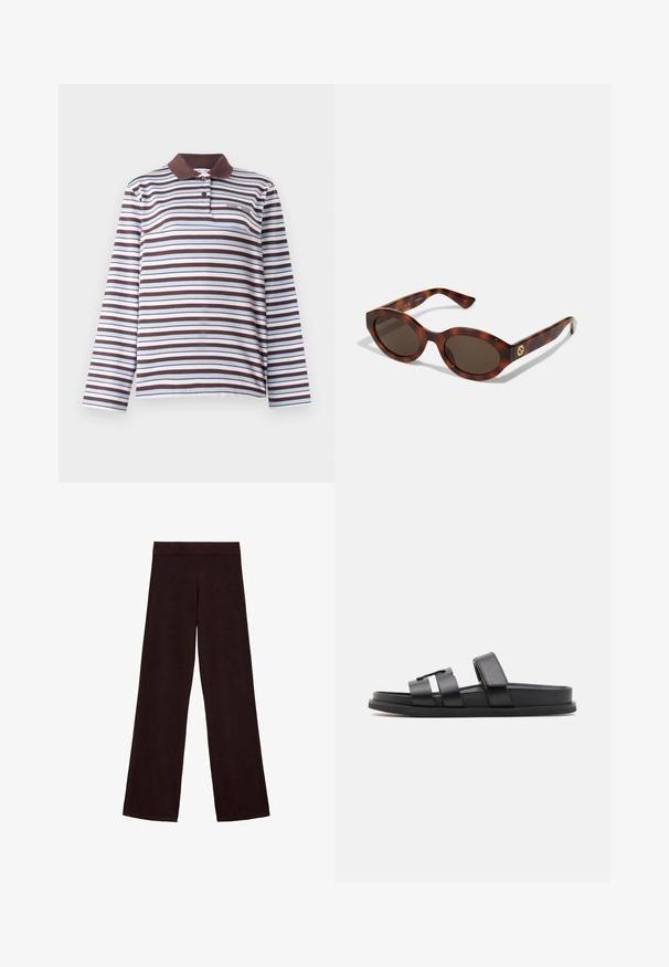 Samsøe Samsøe SADOVER - Langarmshirt - raisin skyway; Braune Leinenbluse mit Kragen, tiefem V-Ausschnitt und breiten Glockenärmel. Sie hat vertikale weiße Streifen und eine entspannte, kastige Form.; Braune weite Hosen aus weichem Stoff, mit einem breiten Bund und einer glatten Textur, ohne sichtbare Muster oder Hardware.; Schwarze Sandalen mit breiten Riemen und minimalistischer Design. Hergestellt aus glattem synthetischem Material mit flacher Sohle.; Schildpatt-Sonnenbrillen mit runden Rahmen, dunklen Gläsern und goldfarbener Logodetailierung an den Schläfen. Glattes Kunststoffmaterial, keine sichtbaren Muster.