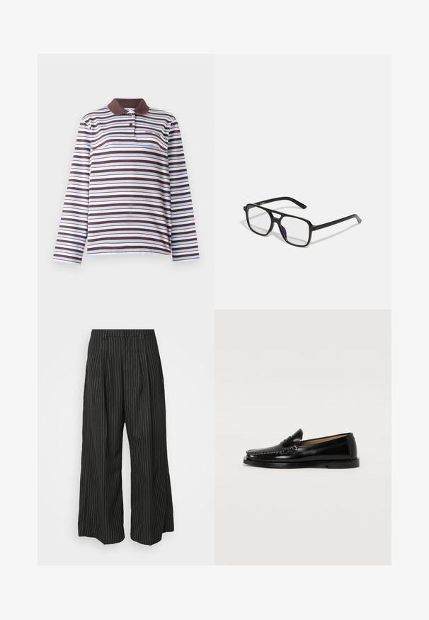 Samsøe Samsøe SADOVER - Maglietta a manica lunga - raisin skyway; Pantaloni a gamba larga neri a righe con pieghe, caratterizzati da un design sartoriale e una texture morbida. Nessun hardware o decorazione visibile.; Mocassini in pelle nera con punta arrotondata, cuciture decorative e suola piatta. Texture liscia e design minimalista.; Occhiali nere rettangolari con lenti trasparenti e una leggera sfumatura viola, dotati di steli eleganti e di un design minimalista.
