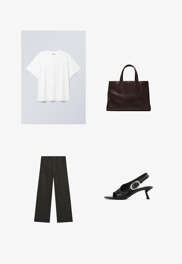 T-shirt bianco in cotone con vestibilità rilassata, maniche corte e scollo rotondo. Presenta un'etichetta del marchio discreta all'collo.; Pantaloni in denim neri a gamba larga con vita media, due tasche frontali e un design pulito e minimalista senza decorazioni visibili.; Scarpa slingback in pelle nera con punta aperta, dotata di una particolare fibbia ovale argento sulla cinghia e un tacco a rocchetto sottile. Texture liscia.; Borsa a spalla in pelle marrone con due manici lunghi, forma rettangolare strutturata, texture liscia e dettagli di cucitura sottili.; Anello doppio in argento con superficie liscia e lucida. Presenta un design fluido e curvo con sezioni sovrapposte per un aspetto moderno.