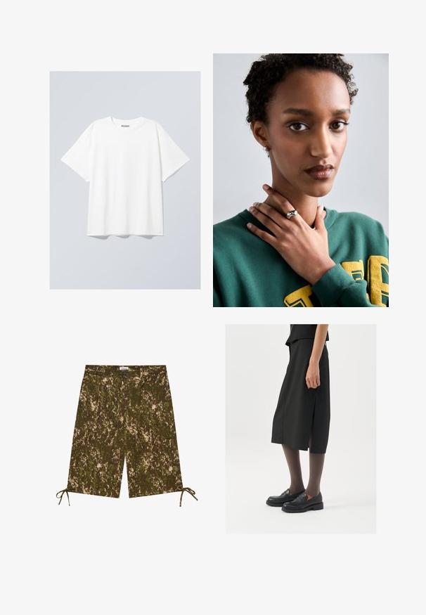 Valge puuvillane T-särk lõdva lõikega, lühikeste varrukatega ja ümmarguse kaelusega. Kaeluses on diskreetne brändi silt.; Roheline ja pruunikate kamuflaažimustriga lühikesed püksid, valmistatud kergest materjalist. Soodavad küljetaskud ja reguleeritavad sidemed alläärtes.; Must mustre, millel on küljes lõhe, mustad mokassiinid ja läbipaistvad pruunid sukkpüksid, hellitad sujuva kangaga ja lihtsa disainiga.; Hõbedane sõrmus sileda, kaarja disainiga, millel on tähe aktsent. Mudel kannab rohelist sviitrit, millel on kollane tekst, käed kaela lähedal.