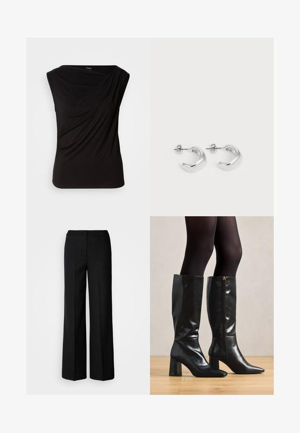 Débardeur noir sans manches caractérisé par un tissu drapé à l'avant, une texture douce et une coupe décontractée. Fabriqué en matériau extensible avec une finition lisse.; Pantalons larges noirs en tissu lisse, dotés d'une taille haute, de coutures taillées et d'un design minimaliste. Aucun matériel visible ni poches.; Bottes en cuir noir jusqu'aux genoux avec une finition brillante, bout pointu et talon épais. Détail de fermeture éclair sur le côté pour un enfilage facile.; Boucles d'oreilles en argent en forme de hoops avec une finition lisse et polie. Forme ronde avec un design légèrement courbé et des bords fondus. Fermeture à pin.