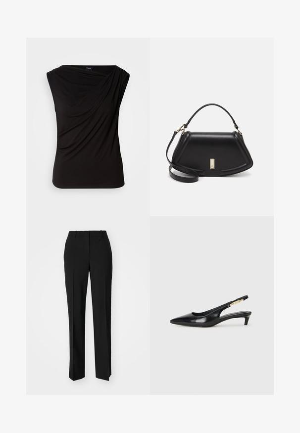 Crna majica bez rukava s draperijom na prednjem dijelu, meke teksture i ležernog kroja. Izrađena od rastezljivog materijala s glatkom završnom obradom.; Crne krojene hlače ravnog kroja, s glatkom teksturom i oštrim pregibima naprijed. Bez vidljivih metalnih dijelova.; Crne kožne sandale s petom, s izduženim vrhom, imaju usku petu i zlatni akcent na podesivoj traci. Glatka tekstura.; Crna kožna torba s strukturiranim dizajnom, s krojenim oblikom, gornjom drškom i zlatnim detaljima. Uključena je podesiva ramena traka.