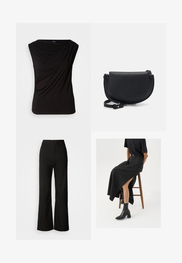 Black sleeveless top featuring draped fabric on the front, soft texture, and a relaxed fit. Made from stretchable material with a smooth finish.; Black wide-leg trousers with a smooth texture, high waist, and a clean design. No visible pockets or embellishments.; Black linen maxi skirt with a high slit, worn with a black t-shirt and black ankle boots. Minimalistic design with a relaxed fit.; Black leather crossbody bag with a curved shape, magnetic flap closure, adjustable strap, and embossed logo detail on the front.