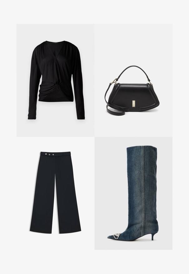 Schwarzes Langarmoberteil mit V-Ausschnitt, gerafften Schultern und einem Knoten-Detail vorne; aus einem glatten, leichten Stoff gefertigt.; Weite schwarze Hosen mit glatter Textur, ausgestattet mit einem flachen Bund, einem doppelten Knopfverschluss und seitlichen Taschen.; Jeans-Kniehoher Stiefel mit spitzer Zehenpartie, silberner Hardware-Akzent, schlankem Kitten-Heel und glatter, strukturierter Oberfläche.; Schwarze Lederhandtasche mit einem strukturierten Design, das eine verkürzte Form, einen oberen Griff und goldfarbene Hardware-Details aufweist. Verstellbarer Schulterriemen ist enthalten.