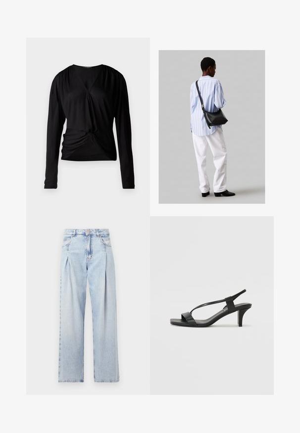 Must mustriga T-särk V-kaelusega, kogutud õlgade ja esituse sõlmedetailiga; valmistatud siledast, kergekaalulisest kangast.; Heledad sinise denimist valmistatud teksapüksid kõrge vöökohaga, laia jala lõikega, kahe külje taskuga ja pleedi disainiga. Pehme tekstuur ja pleekinud viimistlus.; Mustad musta kõrge kontsaga sandaalid, millel on õhuke rihmastik, ruudukujuline nina ja keskmise kõrgusega plokknina. Valmistatud siledast nahast mattviimistlusega.; Must have mustras alasi nahkpatsi, pehme tekstuuriga, kolmnurkse kujuga ja reguleeritava rihmaga, koos helesinise triibulise särgi ja valgete pükstega.