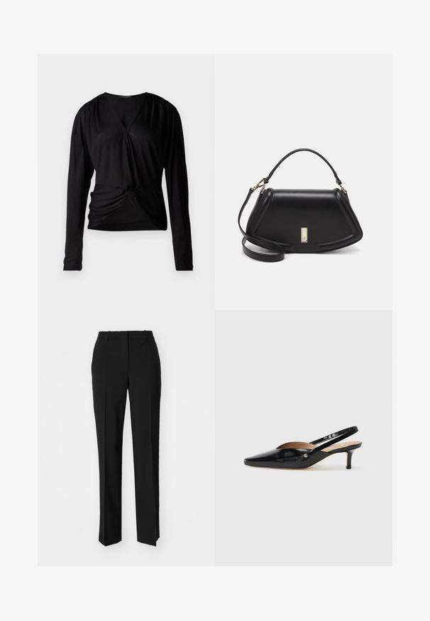 Zwarte lange mouwen top met een V-hals, geplooide schouders en een knoopdetail aan de voorkant; gemaakt van een soepele, lichte stof.; Zwarte op maat gemaakte broek met een recht model, voorzien van een soepele textuur en scherpe plooien aan de voorkant. Geen zichtbare hardware.; Zwarte lakleren slingback pump met een puntige neus, kleine hak en een uitsnijd ontwerp op de wreef. Goudkleurige accenten aan de zijkant.; Zwarte leren handtas met een gestructureerd ontwerp, featuring een verkorte vorm, bovenhandvat en gouden hardwareaccent. Inclusief verstelbare schouderband.