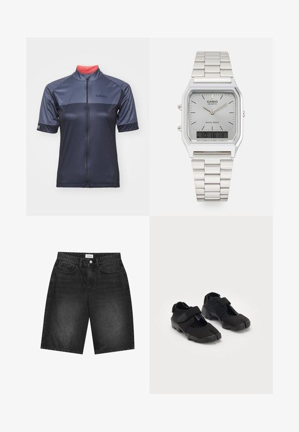 Pánska cyklistická dres v tmavej námorníckej farbe, s krátkymi rukávmi, plným predným zipsom a kontrastným koralovým vnútorným golierom. Logo značky na hrudi.; Čierne denimové šortky so strihom rovného nohavice, s dizajnom piatich vreciek a predným zapínaním na gombík. Textúrovaná látka s vyblednutým povrchom.; Čierne vodné topánky vyrobené z flexibilného materiálu s suchým zipsom, ktoré majú jedinečný dizajn s rozdelenými prstami a textúrovanú gumovú podrážku pre lepšiu priľnavosť.; Strieborné quartz hodinky Casio s obdĺžnikovým ciferníkom, analógovým a digitálnym zobrazením, nerezovým remienkom a vodoodolnými vlastnosťami.