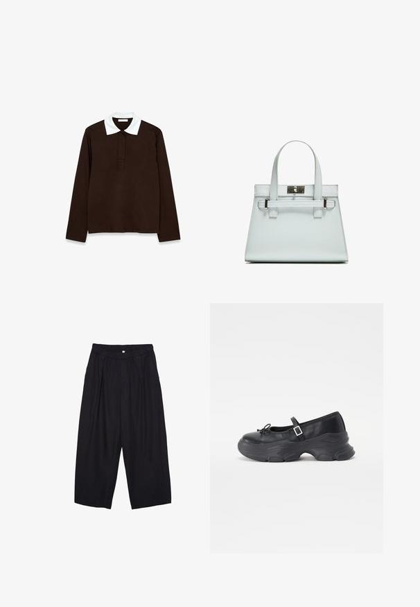 Langärmliges Poloshirt aus dunkelbraunem Stoff mit einem weißen, strukturierten Kragen und einer Drei-Knopf-Leiste. Glattes, angenehmes Material.; Schwarze Polyester-Culotte mit einem elastischen Bund, zwei vorderen Falten und einer lockeren Silhouette. Keine sichtbaren Muster oder Hardware-Details.; Schwarze Leder-Mary-Jane-Schuhe mit einer abgerundeten Zehenpartie, Schleifendetail und verstellbarem Knöchelriemen. Mit einer stabilen Gummisohle mit geschwungenen Akzenten.; Helle blaue Handtasche mit strukturiertem Design, zwei Griffen und einem Beschlag aus silberfarbenem Metall. Texturiertes Material und scharfe Ecken.