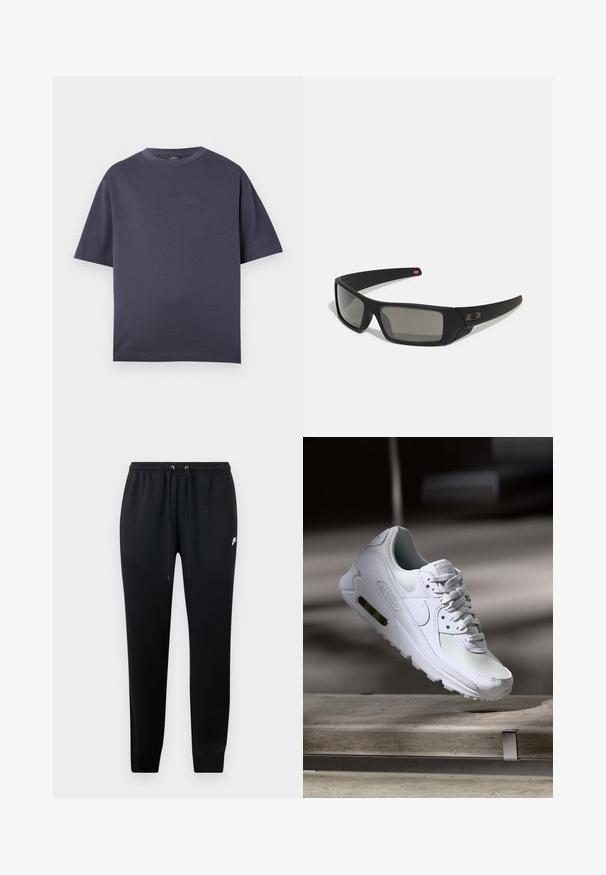 Mörkblå kortärmad T-shirt i mjukt bomullsmaterial. Rund halsringning, avslappnad passform, med en subtil präglad logotyp på bröstet.; Svarta sweatpants i mjukt tyg, med resårmidja och dragsnören, muddar vid anklarna och en liten logotypdetalj på sidan.; Vita Nike Air Max 90 sneakers med en ovandel i mesh och läder, perforerad tåbox och en synlig luftenhet i hälen.; Svarta solglasögon med matt yta, rektangulära linser, lätt kurva vid skalmarna, diskret logotypdetalj och rökfärgade linser.